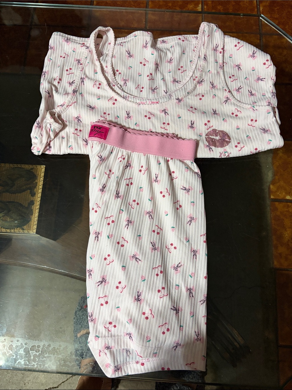 Betsey Johnson Pink Cherry Ribbed Tank & Shorts Pajama Set